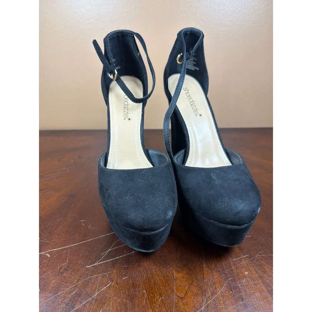 Shoedazzle‎ Womens Blk Faux Suede Platform Block Heel Ankle Strap Pumps Size 8.5